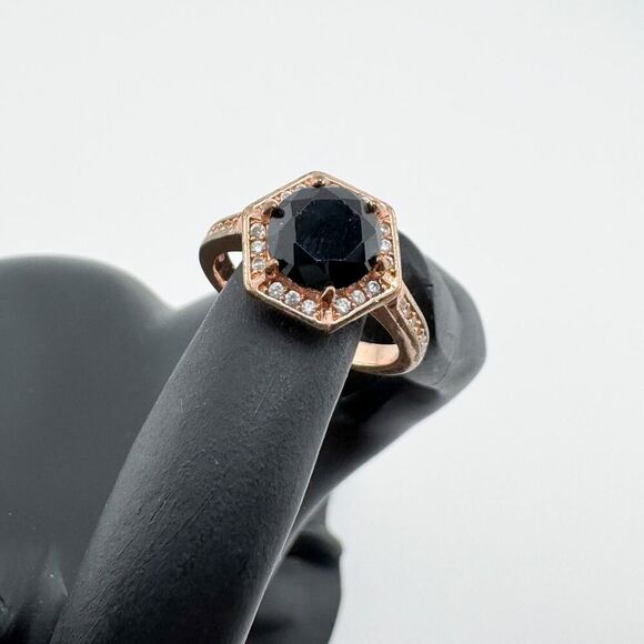 Vintage Hexagon Black Clear Rhinestone Ring Gatsby Glamour Retro Statement - Picture 2 of 10